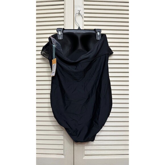 Kona Sol Crochet Flounce Bandeau One Piece Swimsuit Black Detachable Strap SZ M - Picture 2 of 5